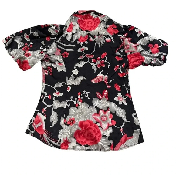 Y2k Arden B Black silk blend floral button down blouse w/ red accents size Small - Picture 2 of 8
